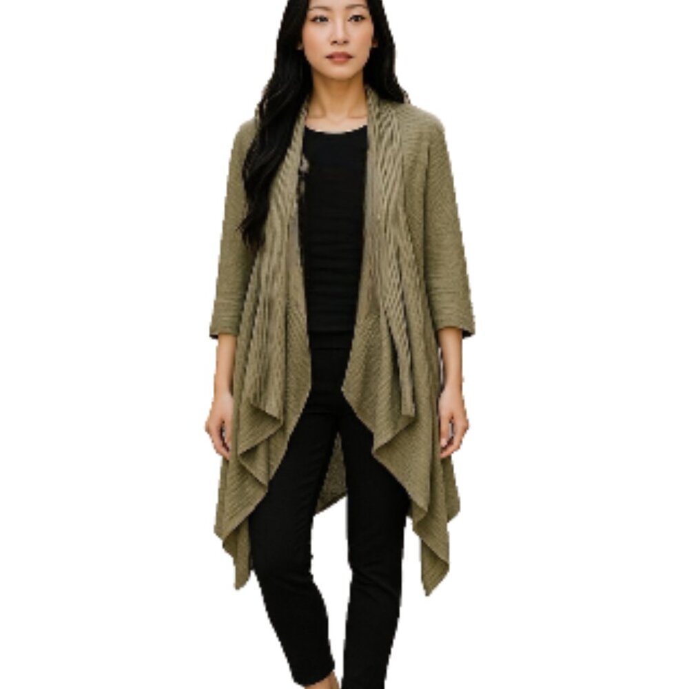 Multiples XL Olive Longline Cardigan Open Front Crochet Back Boho Sweater